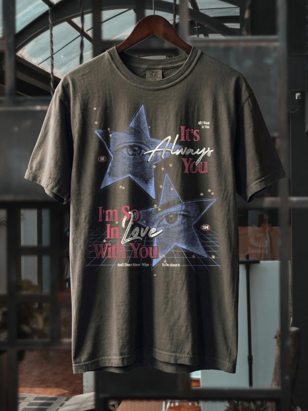 Charcoal Graphic Tee with Blue Star Eye and Pink Text